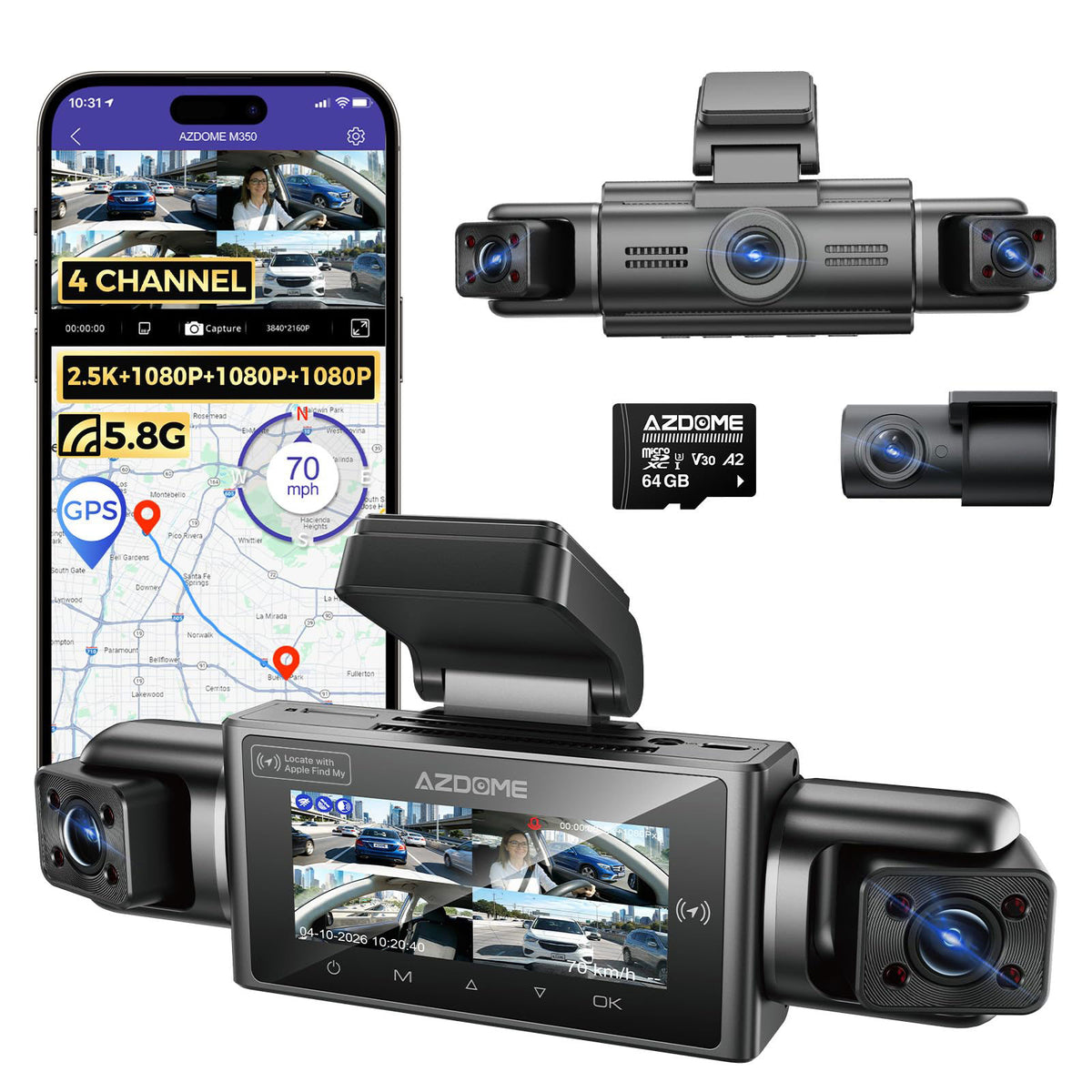AZDome M350 4CH 2K WiFi GPS 64 GB 360-Grad-Dashcam